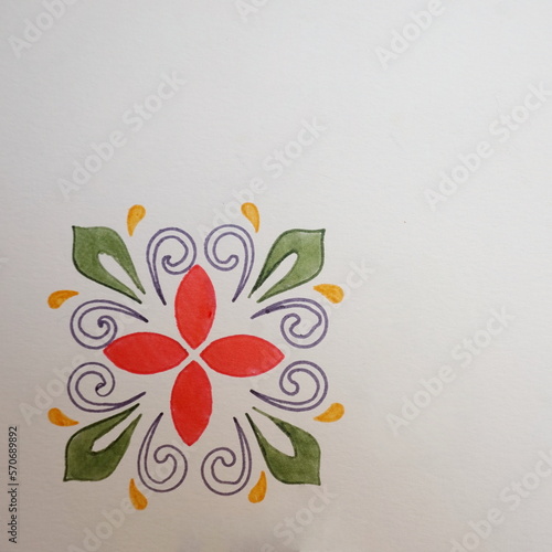 Fleur Design in Green, Yellow and Orange on White Background in Watercolor photo