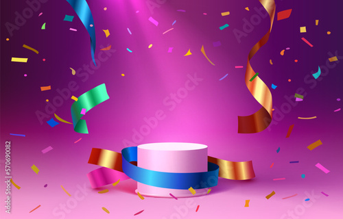 Gift podium with gold ribbons, Ribbon podium present, holiday shopping pedestal. Vector