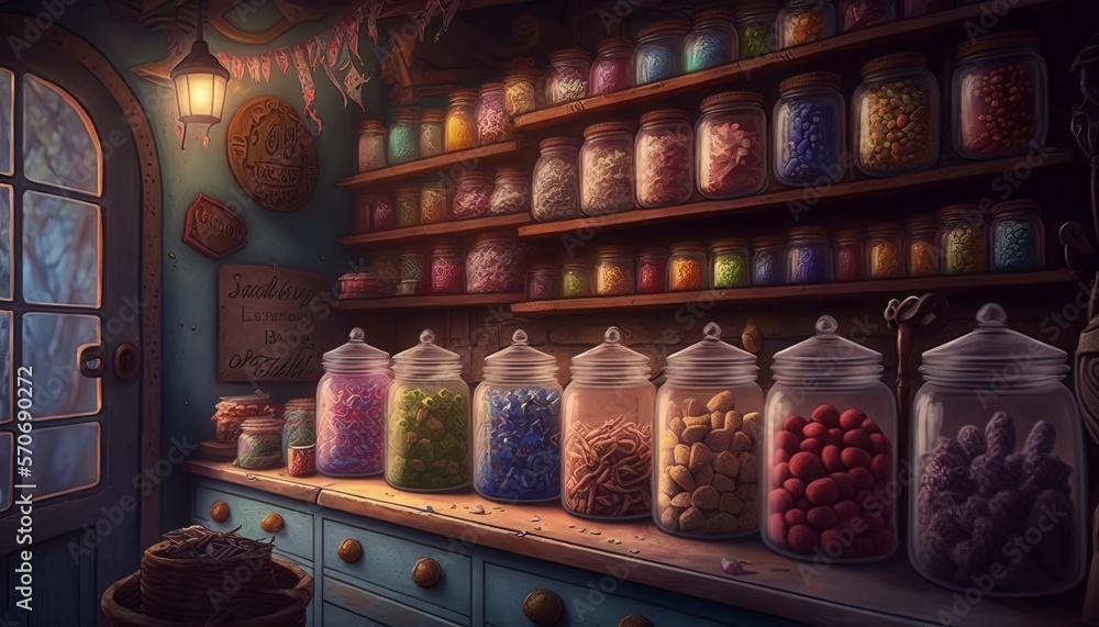 Old and magical sweet shop. Generative AI.
Old and magical sweet shop. Generative AI.