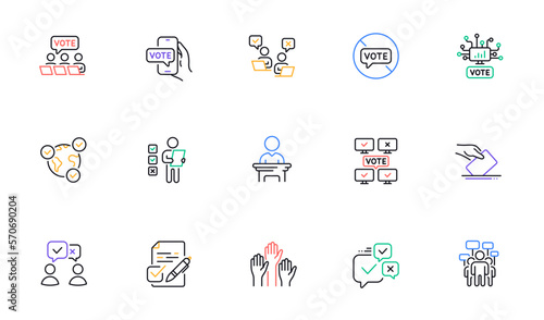 Voting line icons. Public Election, Vote Ballot Paper icons. Candidate, Politics voting and People vote. Government election, Raised hands, Document checklist. Online poll result. Vector