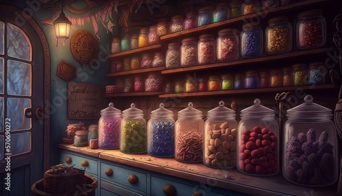 Old and magical sweet shop. Generative AI. 