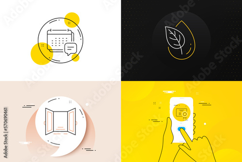 Minimal set of Message, Organic product and Open door line icons. Phone screen, Quote banners. Certificate icons. For web development. Calendar notification, Leaf, Entrance. Verified document. Vector