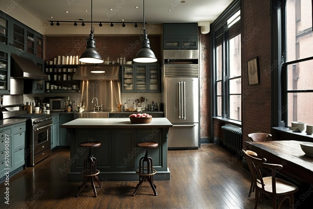 Modern kitchen design apartment industrial design on New York City Chicago NY with windows and natural lightning Modern kitchen design apartment industrial design on New York City Chicago NY with windows and natural lightning