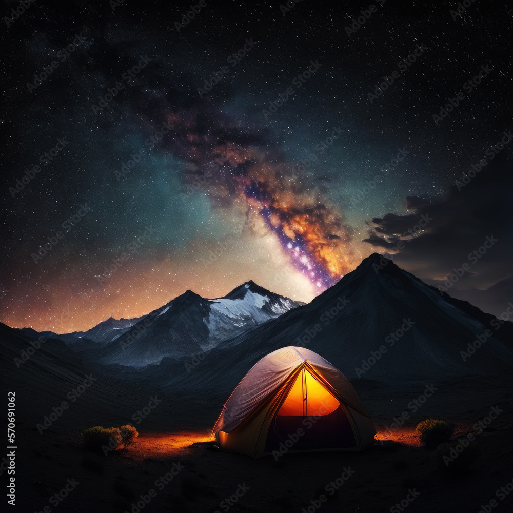 ai generated image  Milky Way above  yellow tent