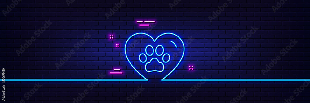 Neon light glow effect. Pets care line icon. Veterinary clinic sign. Dog paw in heart symbol. 3d line neon glow icon. Brick wall banner. Pets care outline. Vector Neon light glow effect. Pets care line icon. Veterinary clinic sign. Dog paw in heart symbol. 3d line neon glow icon. Brick wall banner. Pets care outline. Vector