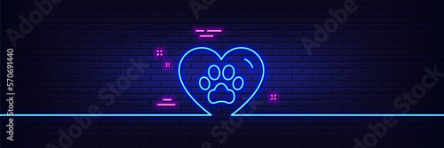 Neon light glow effect. Pets care line icon. Veterinary clinic sign. Dog paw in heart symbol. 3d line neon glow icon. Brick wall banner. Pets care outline. Vector