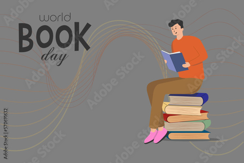 A young guy sits on a stack of books, a man holds him in his hands, get knowledge from a book, International Book Day, flat-style illustrations on a gray background, vector illustration