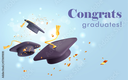 Graduate student hats and confetti flying in sky. Graduate party concept. Cap in the air, ceremony, success. Vector cartoon 3d illustration