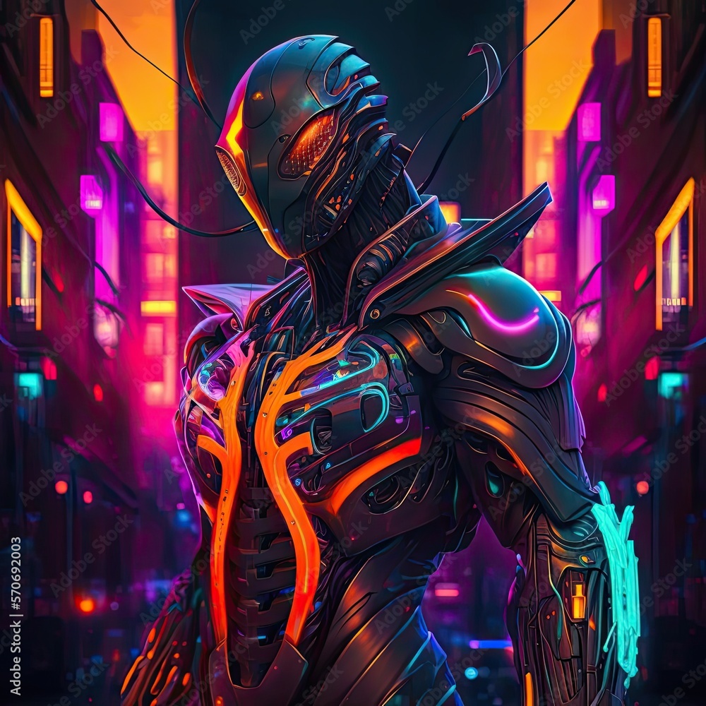 Futuristic neonpunk biomechanical robot, futuristic city background, intense colors. Generative AI. Futuristic neonpunk biomechanical robot, futuristic city background, intense colors. Generative AI.