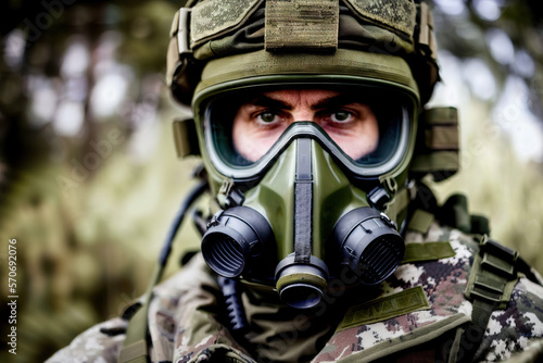 Portrait of Modern Military Man Outside With Gas Mask Equipped Generative AI Photo