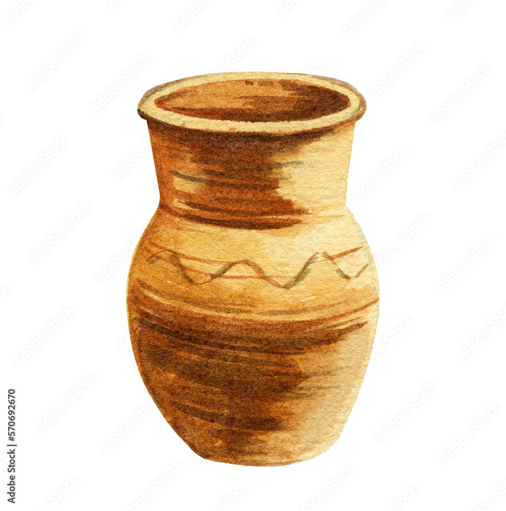 watercolor ceramic jug, illustration of brown milk jug, retro clay jug