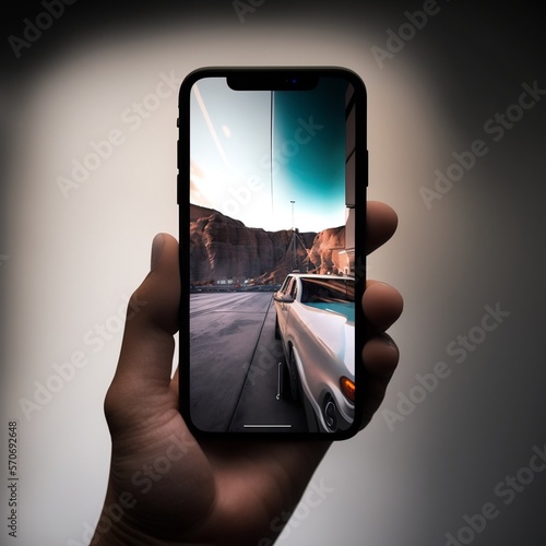 iPhone mockup on Hand holding the PNG of smartphone iphone14 with blank screen and modern frameless design, hold Mobile phone on transparent background, app design