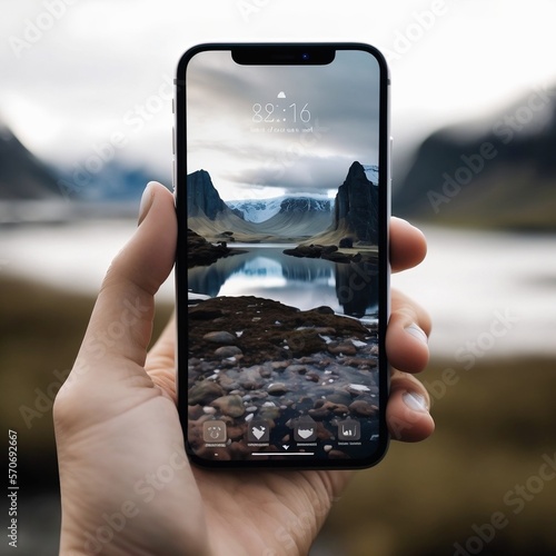 iPhone mockup on Hand holding the PNG of smartphone iphone14 with blank screen and modern frameless design, hold Mobile phone on transparent background, app design