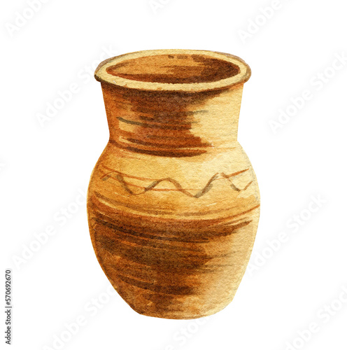 watercolor ceramic jug, illustration of brown milk jug, retro clay jug