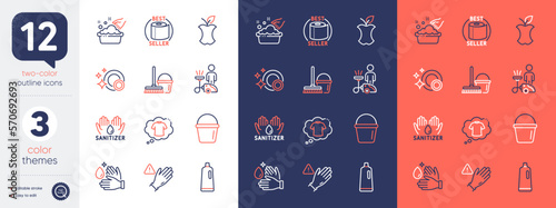 Set of Toilet paper, Bucket with mop and Wash hands line icons. Include Use gloves, Cleaning, Hand washing icons. Bucket, Organic waste, Clean dishes web elements. T-shirt. Vector