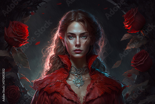 Wallpaper Mural vampire woman in a red dress, in a dark forest and roses, Generative AI