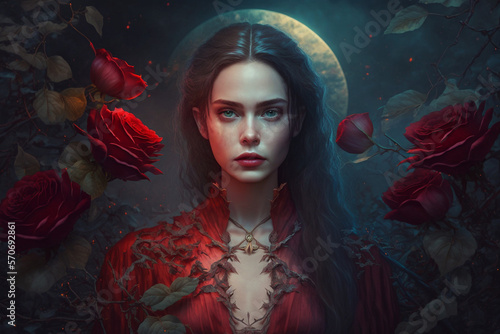 Fotografiet vampire woman in a red dress, in a dark forest and roses, Generative AI
