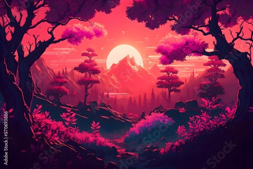 Beautiful forest landscape with a sunset synthwave style | Ai Generated Synthwave Wallpaper/Background | photo