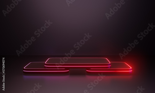 3 Step Red futuristic pedestal for display. Blank round square podium for product. 3d rendering illustration. © Thannaree