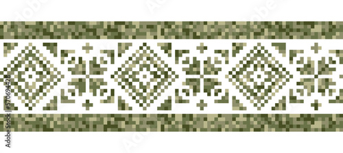 Military design geometric pattern. Ukrainian folk ethnic decor. Urban style pixel art vector decor. Fashion military print in green colors