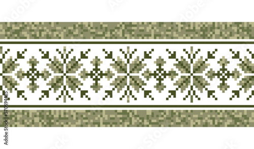 Military style pixel art vector pattern. Fashion print in green colors. Ukrainian traditional embroidery ornament.Military texture, decor, seamless border. Vyshyvanka, cross stitch fashion pattern
