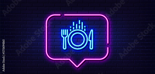 Neon light speech bubble. Food line icon. Cutlery sign. Fork, knife symbol. Neon light background. Food glow line. Brick wall banner. Vector