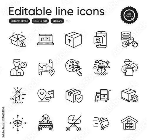 Set of Transportation outline icons. Contains icons as Delivery man, Search flight and Lighthouse elements. Web inventory, Parcel insurance, Package web signs. Journey, Parcel delivery. Vector