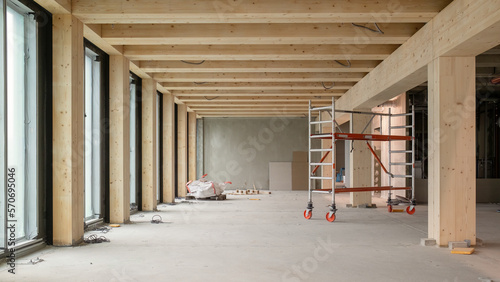construction site of a sustainable Timber-concrete composite office building.