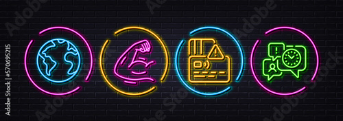Strong arm, Card and World planet minimal line icons. Neon laser 3d lights. Time management icons. For web, application, printing. Muscle biceps, Bank payment, Internet business. Office chat. Vector
