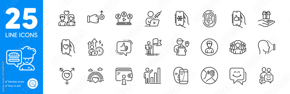 Outline icons set. Lgbt, Graph chart and Fingerprint icons. Video conference, Communication, Genders web elements. Dating app, Leadership, Couple love signs. Difficult stress, Person, Like app. Vector Outline icons set. Lgbt, Graph chart and Fingerprint icons. Video conference, Communication, Genders web elements. Dating app, Leadership, Couple love signs. Difficult stress, Person, Like app. Vector