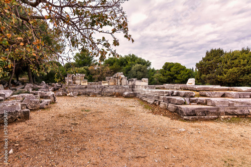 Ruins of the ancient temple of Nemesis, in Rhamnous, Attica, Greece