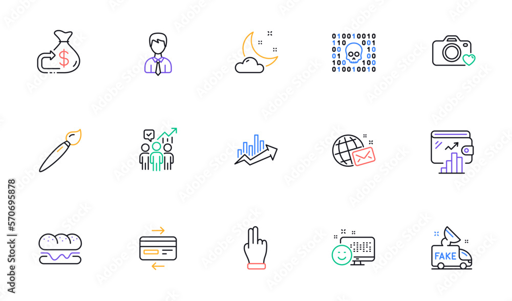 Brush, Binary code and Burger line icons for website, printing. Collection of Photo camera, Fake news, Credit card icons. Smile, Growth chart, Business statistics web elements. Vector Brush, Binary code and Burger line icons for website, printing. Collection of Photo camera, Fake news, Credit card icons. Smile, Growth chart, Business statistics web elements. Vector