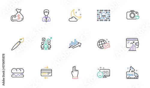 Brush, Binary code and Burger line icons for website, printing. Collection of Photo camera, Fake news, Credit card icons. Smile, Growth chart, Business statistics web elements. Vector