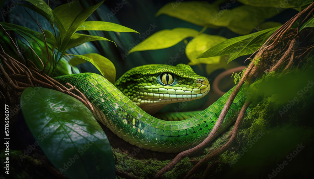 Fototapeta premium Close-up serpiente verde en la jungla, creada con IA generativa