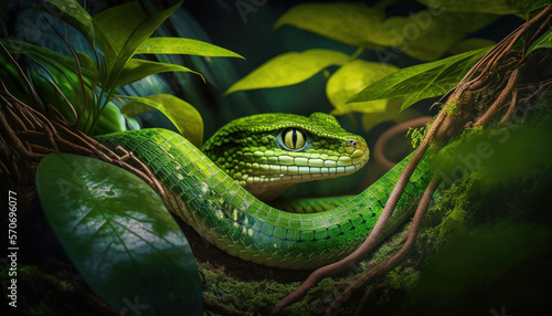 Close-up serpiente verde en la jungla, creada con IA generativa photo