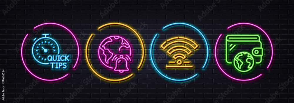 Internet notification, Quick tips and Wifi minimal line icons. Neon laser 3d lights. Wallet icons. For web, application, printing. Alarm notice, Helpful tricks, Wireless internet. Vector
