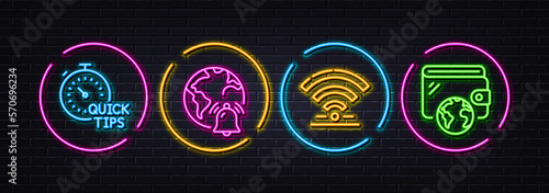 Internet notification, Quick tips and Wifi minimal line icons. Neon laser 3d lights. Wallet icons. For web, application, printing. Alarm notice, Helpful tricks, Wireless internet. Vector