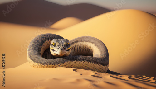 Serpiente en el desierto a punto de atacar, creada con IA generativa photo