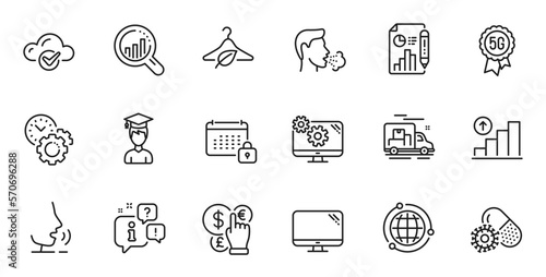 Outline set of Money currency, Cloud computing and Time management line icons for web application. Talk, information, delivery truck outline icon. Vector