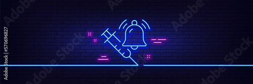 Neon light glow effect. Vaccine announcement line icon. Vaccination syringe with bell sign. Jab symbol. 3d line neon glow icon. Brick wall banner. Vaccine announcement outline. Vector