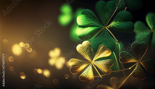 St Patrick's day clover leaves background, green, gold and black