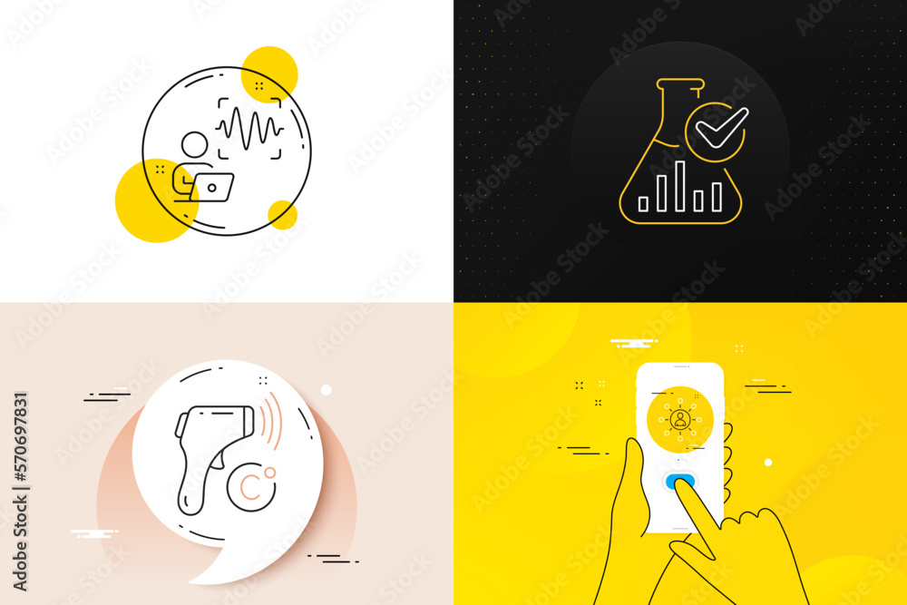 Minimal set of Networking, Voice wave and Chemistry lab line icons. Phone screen, Quote banners. Electronic thermometer icons. For web development. Vector Minimal set of Networking, Voice wave and Chemistry lab line icons. Phone screen, Quote banners. Electronic thermometer icons. For web development. Vector