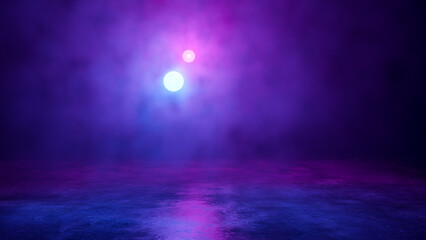 Blue And Purple Illuminated Neon Spheres In Thick Smoke, Glowing Futuristic Scene, Abstract Design, Sci-Fi Tomorrow Aesthetic Background With Elements For Banners, Posters. 3D Fashion Render Design