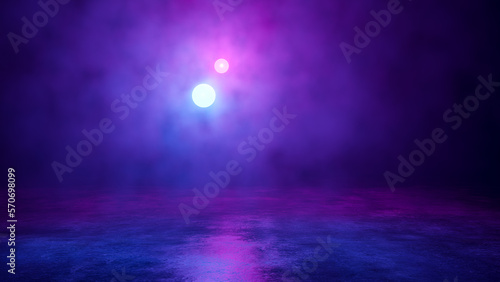 Blue And Purple Illuminated Neon Spheres In Thick Smoke, Glowing Futuristic Scene, Abstract Design, Sci-Fi Tomorrow Aesthetic Background With Elements For Banners, Posters. 3D Fashion Render Design