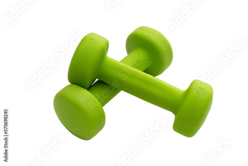 Green-colored dumbbells for fitness, isolated, transparent background, PNG. photo