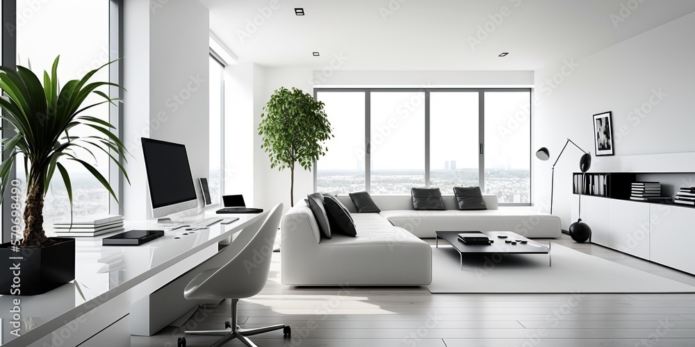 Fototapeta premium Modern living room with computer, generative ai
