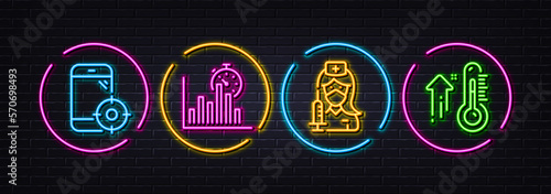 Vaccination, Report timer and Seo phone minimal line icons. Neon laser 3d lights. High thermometer icons. For web, application, printing. Medical vaccine, Growth chart, Smartphone optimization. Vector
