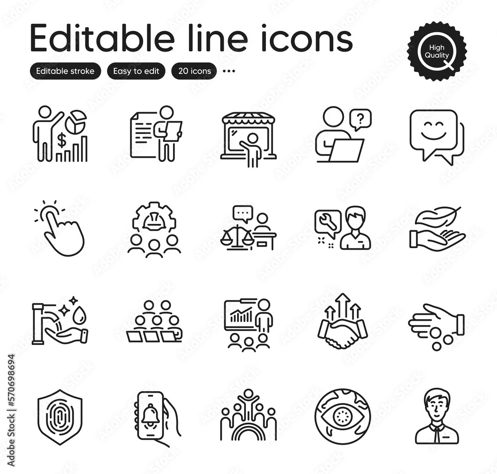 Set of People outline icons. Contains icons as Repairman, Court judge and Washing hands elements. Lightweight, Presentation, Teamwork web signs. Businessman person, Cyber attack. Vector