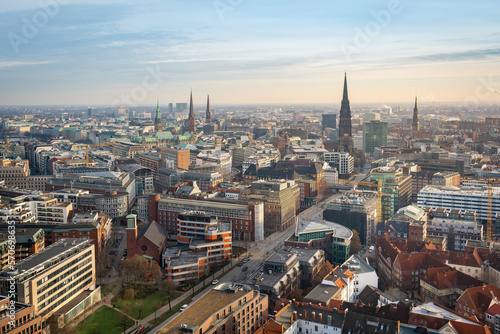Aerial view of Hamburg with Church Towers and Hamburg City Hall - Hamburg, Germany