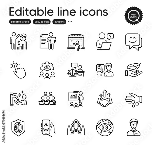Set of People outline icons. Contains icons as Repairman  Court judge and Washing hands elements. Lightweight  Presentation  Teamwork web signs. Businessman person  Cyber attack. Vector